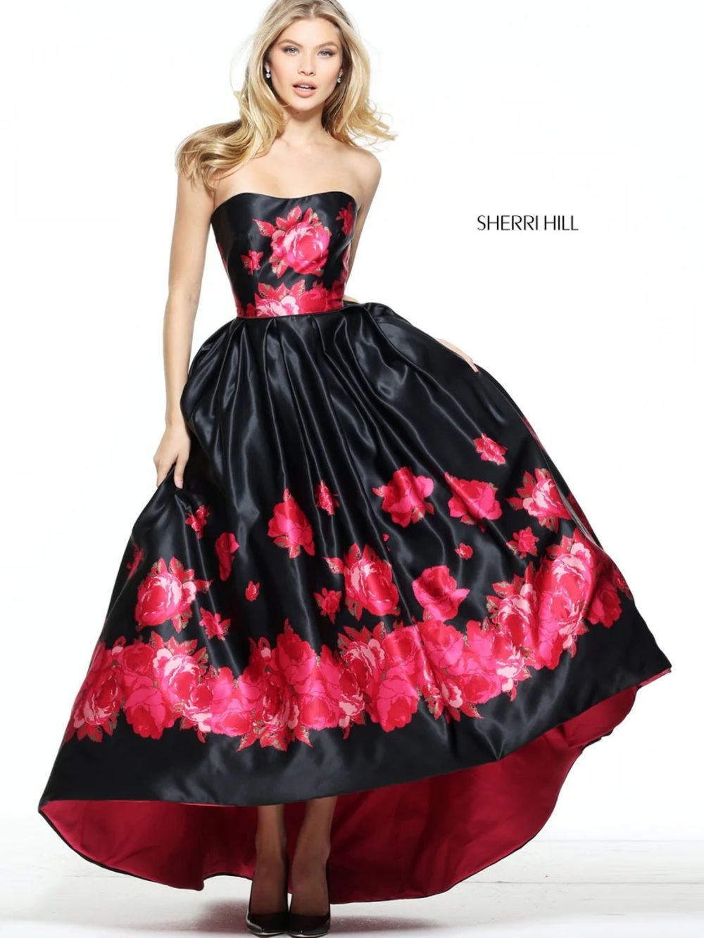 Sherri Hill IVORY Strapless Ball Gown with Red Floral Print #51055